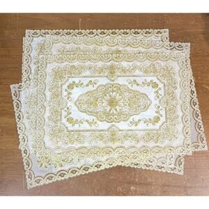 Set of 8 Soft Vinyl Lace Doily Gold White Placemats 18”